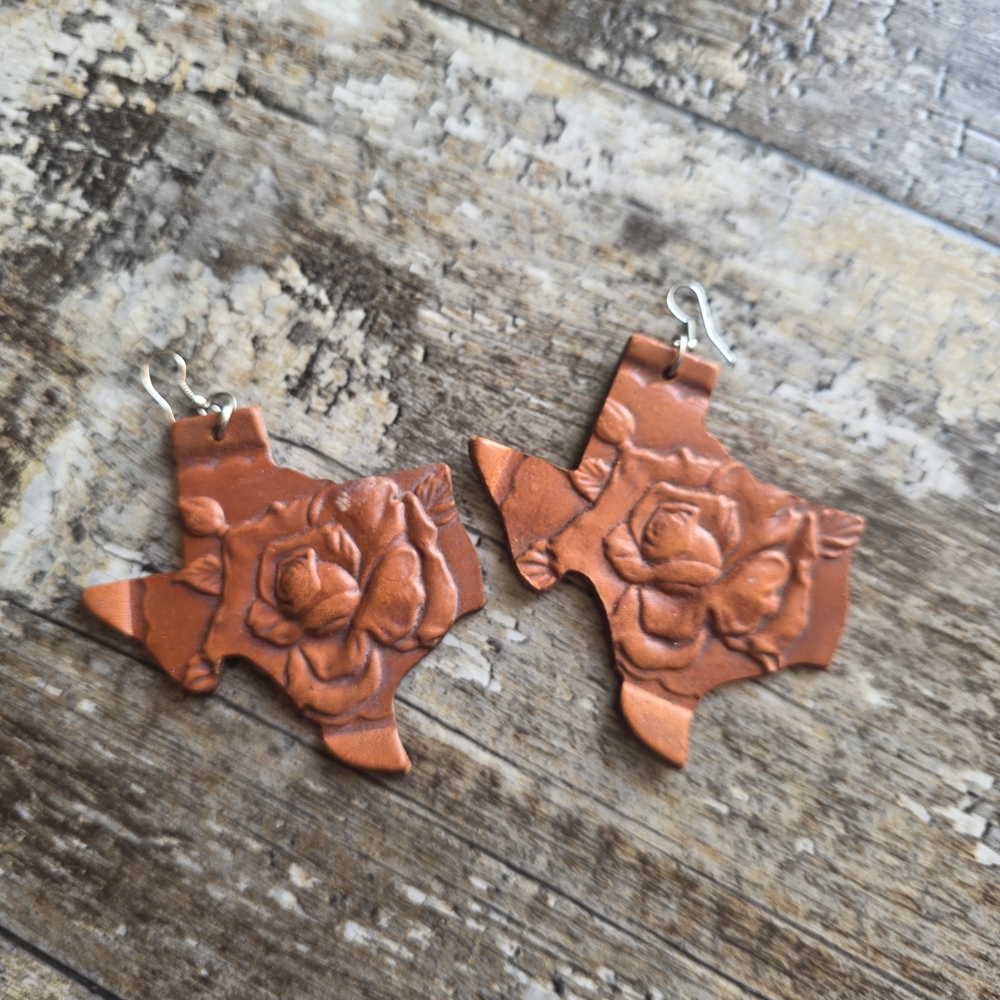 Handcrafted Leather Texas Earrings - Brown